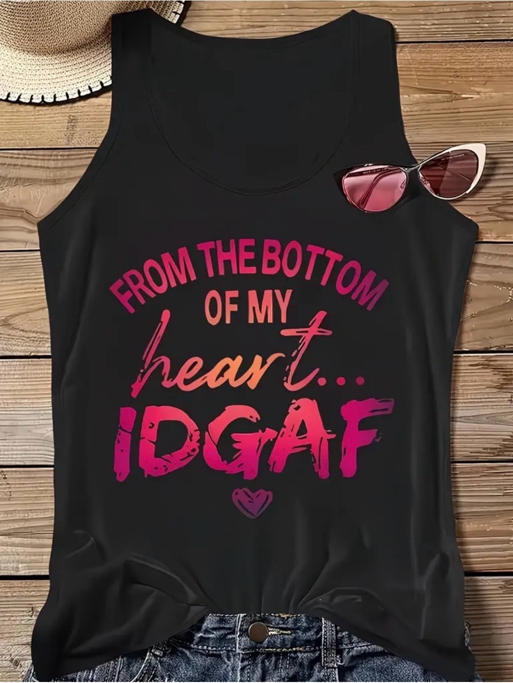 Black Tank Top with Pink Ombre 'IDGAF' Graphic